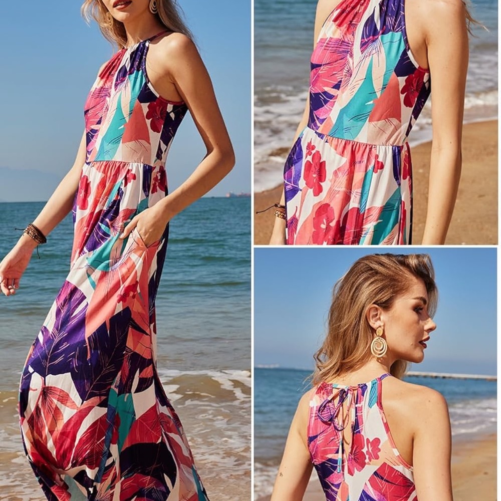 Casual Sleeveless Split Floral Sundress Beach Vacation Flowy Long Dresses Size S - Picture 2 of 3